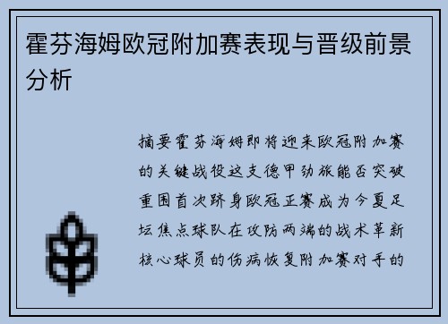 霍芬海姆欧冠附加赛表现与晋级前景分析